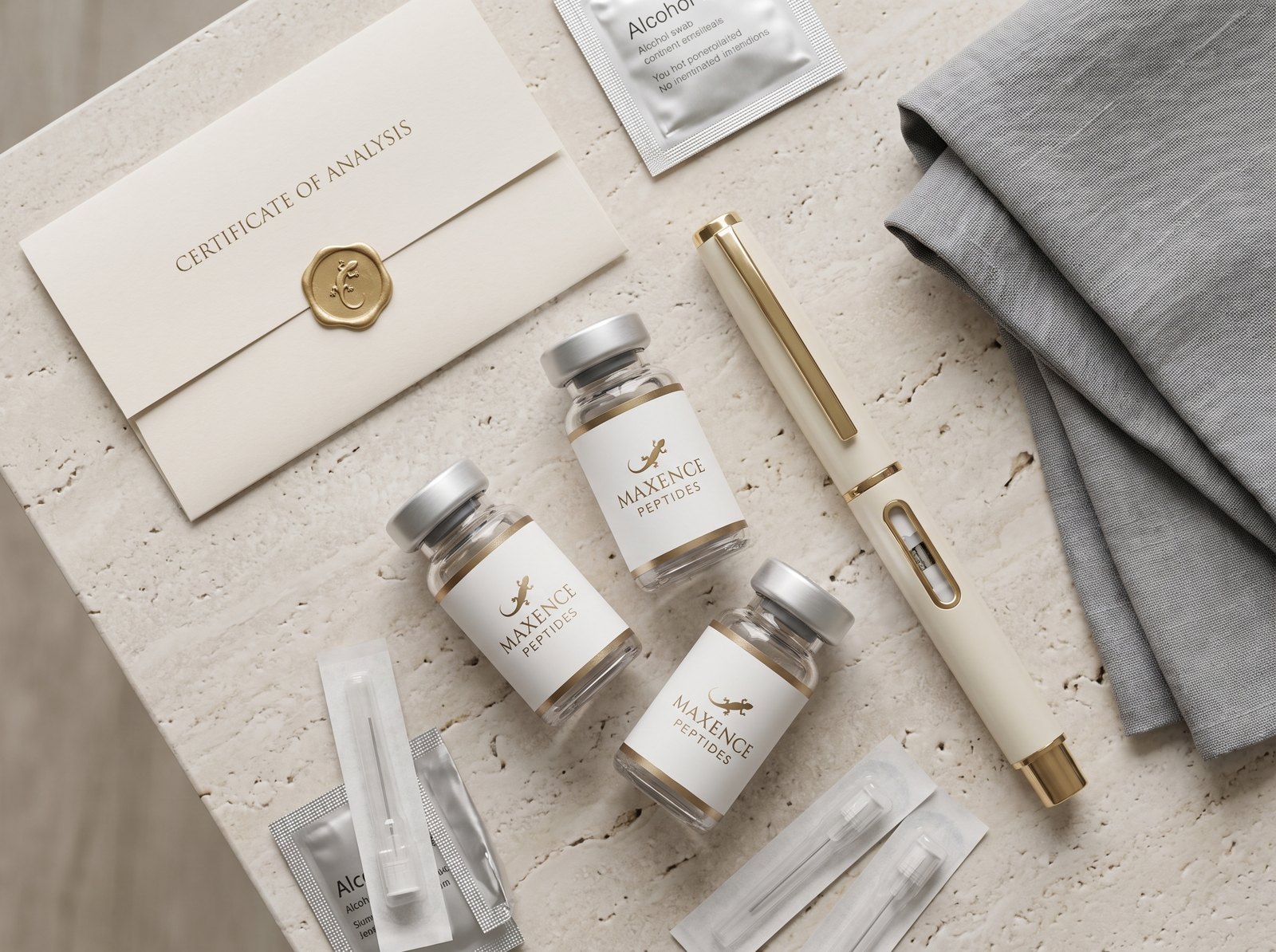 Le contenu d'une formule accompagnée Maxence Peptides : stylo, flacons, aiguilles, lingettes et certificat
